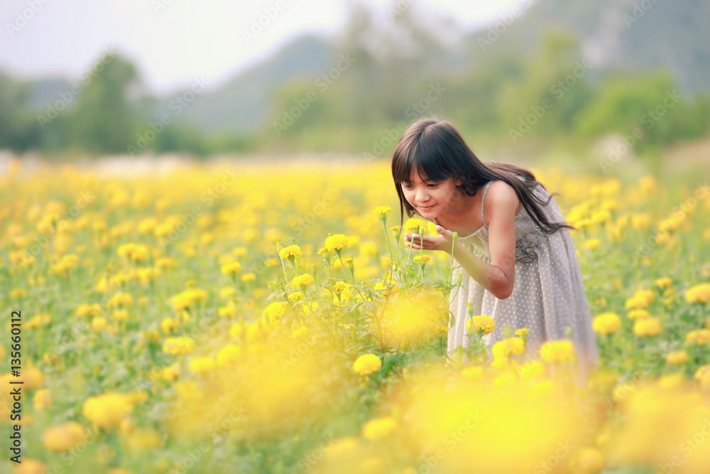 Smiling pretty little girl looks out of the yellow flowers on the field Smiling pretty little girl looks out of the yellow flowers on the field