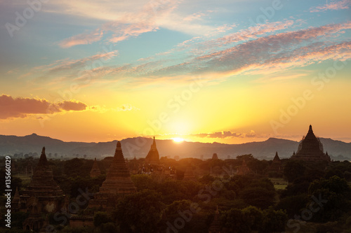 Beautiful scenery during sunset at the pagoda of Bagan  Myanmar