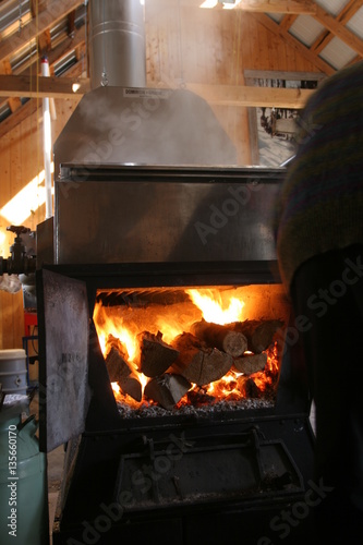Industrial production of maple syrup (Acer sacarum), full burning cooking oven, Canada