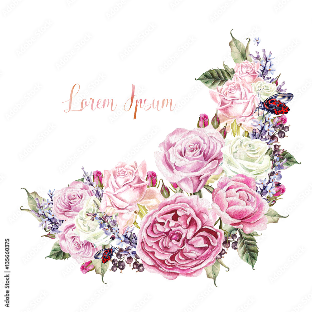 Obraz Piękna kartka akwareli z różami, kwiatem lawendy i berrie