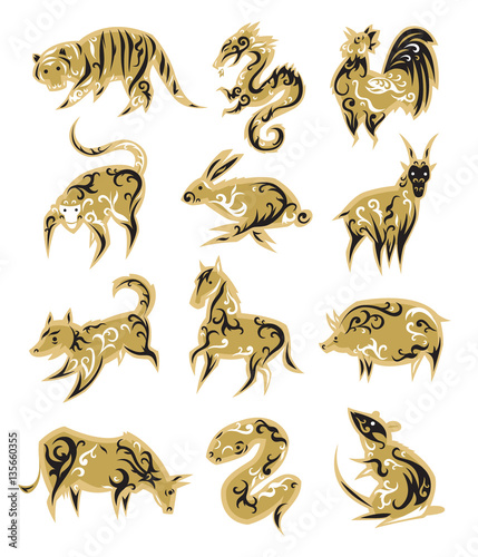 Chinese zodiac symbols eastern calendar signs vector illustrations.