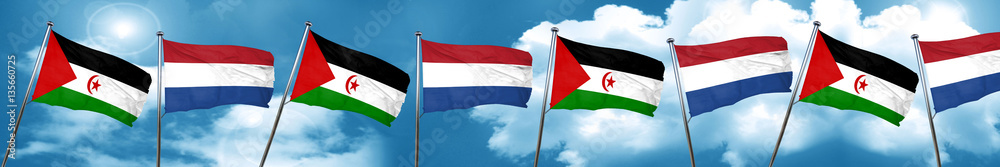 Western sahara flag with Netherlands flag, 3D rendering Western sahara flag with Netherlands flag, 3D rendering