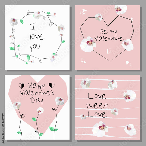 Artistic Valentine's cards. Design for Flyers, Placards, Posters, Invitations, Brochures. Artistic Creative Templates. Low poly style orchids flowers.