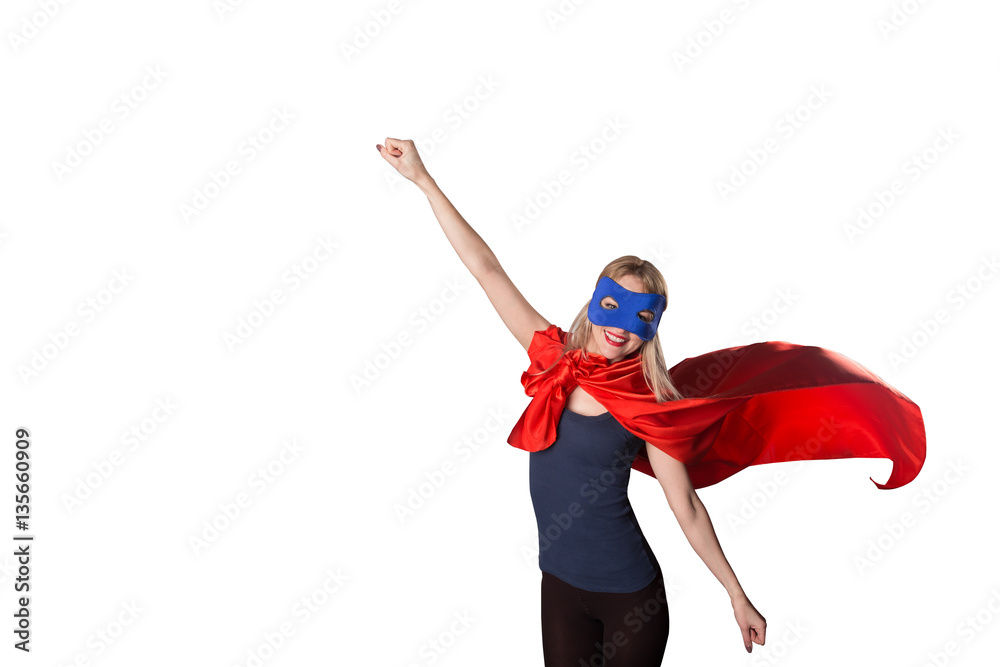 Brave woman superhero raised her hand up