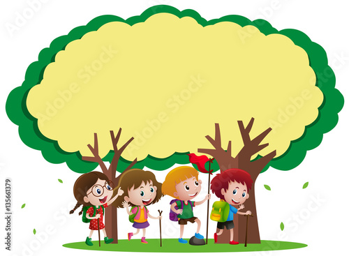 Border template with kids hiking in the woods