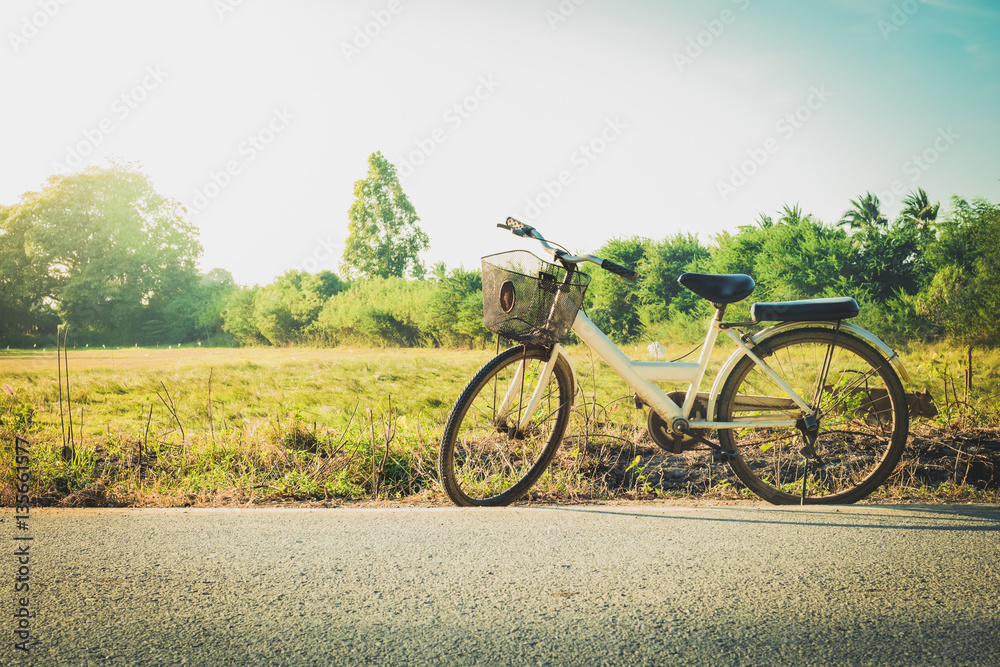 Bicycle at road side with field background 