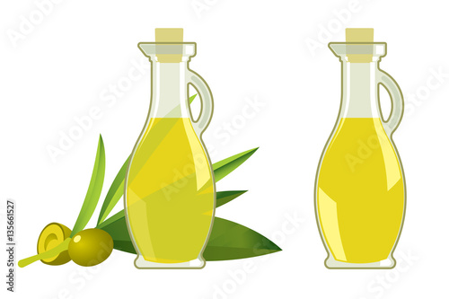 Green olive branch and glass bottle with oil for ads