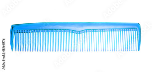 Blue transparent plastic comb isolated on white background photo