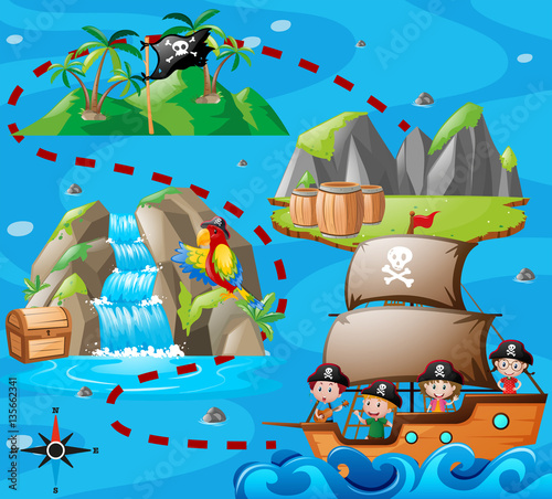 Kids on ship and adventure map