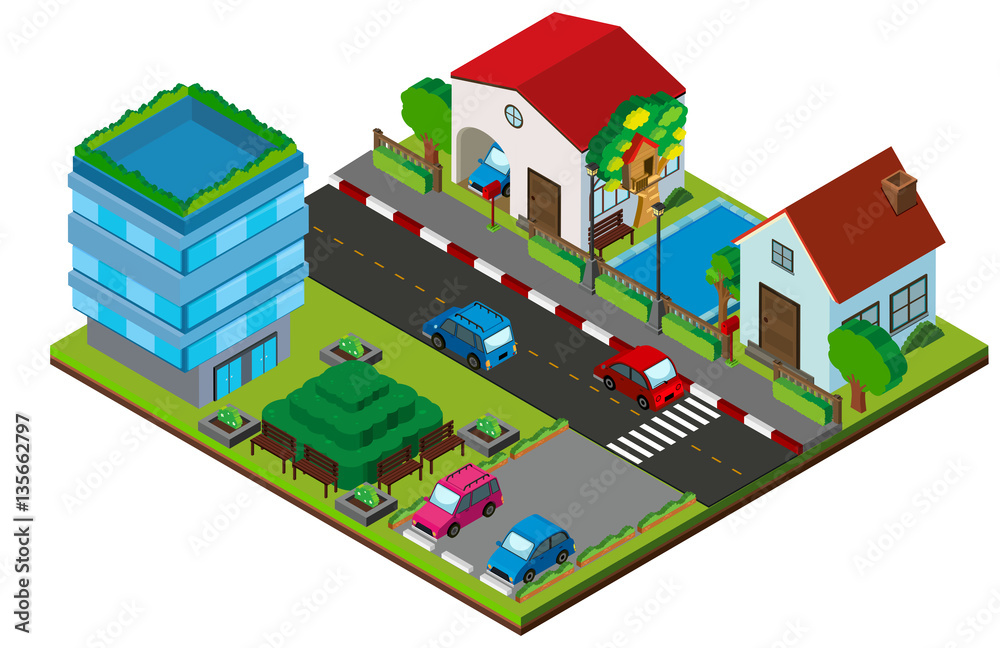 3D design for village with buildings and road