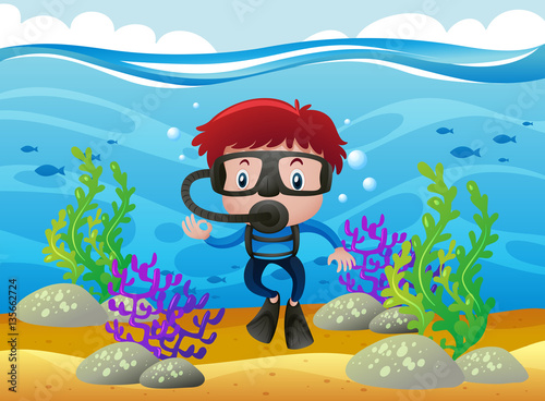 Boy scuba diving under the ocean