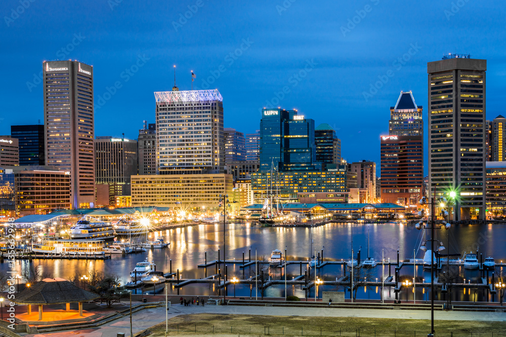 Waterfront of Skyline from Federal Hill Baltimore, Maryland look