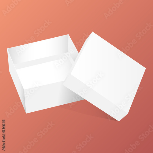 White gift box with lid on red background. View from above. Mockup for design. Vector illustration.