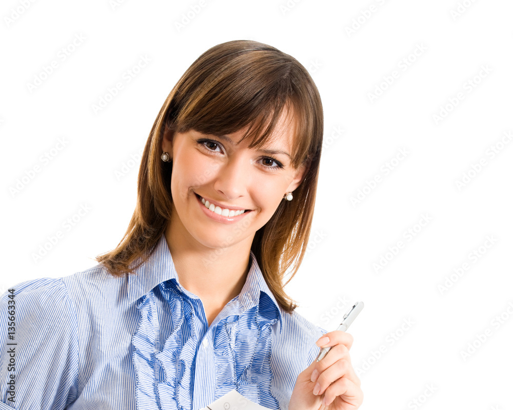 smiling businesswoman with a pen, isolated smiling businesswoman with a pen, isolated