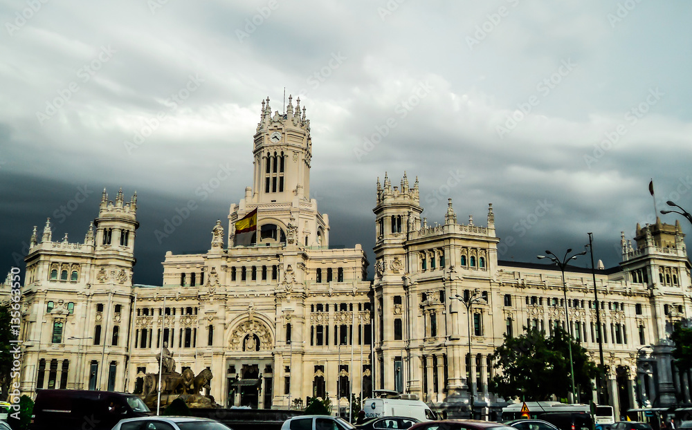 Fototapeta premium The Cybele Palace (Palacio de Cibeles), formerly the Palace of Communication ( Palacio de Comunicaciones) at the Plaza de Cibeles. Madrid, Spain