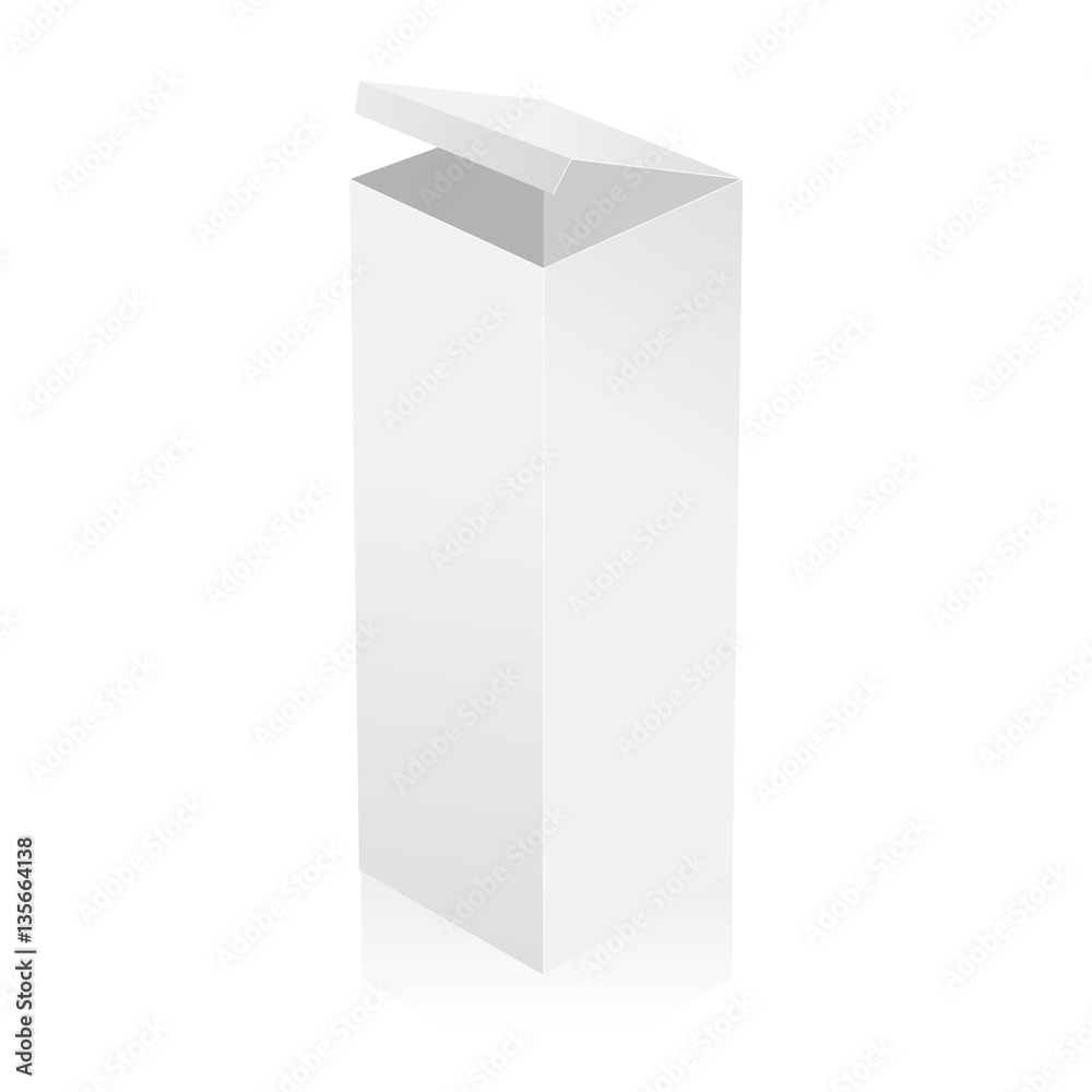 White cardboard box with open cover isolated. Cosmetic or pharmaceutical mockup box for design. Vector illustration. White cardboard box with open cover isolated. Cosmetic or pharmaceutical mockup box for design. Vector illustration.