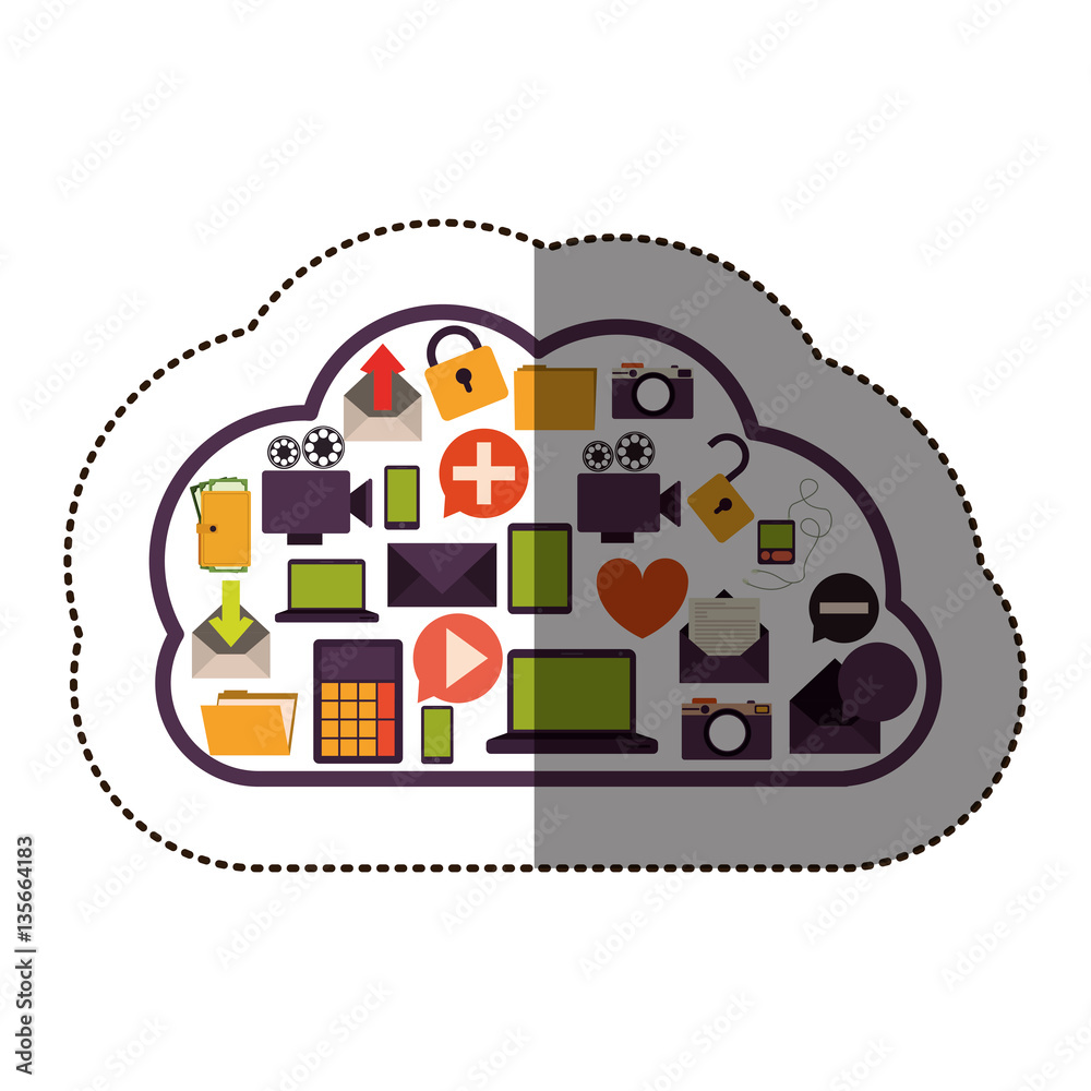color sticker with cloud service and apps set vector illustration