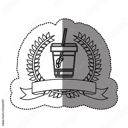 monochrome sticker with olive crown with ribbon and disposable glass of cappuccino with straw vector illustration