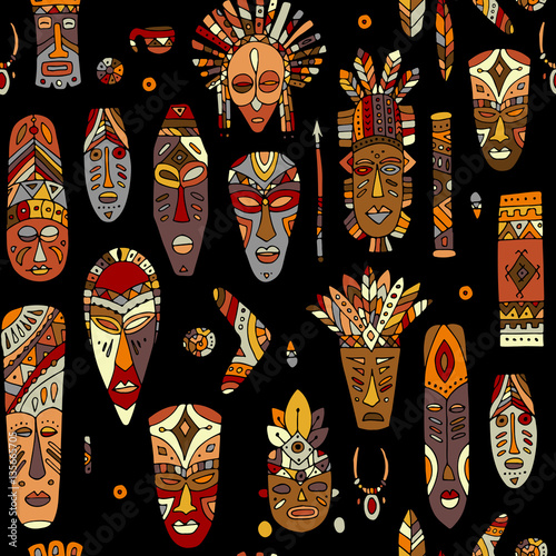Tribal mask ethnic, seamless pattern, sketch for your design