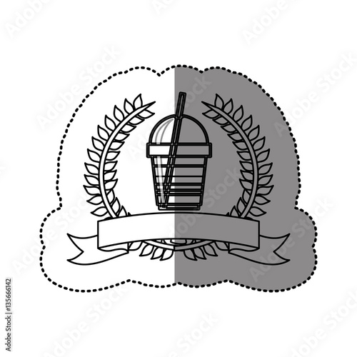 monochrome sticker with olive crown with ribbon and disposable glass of cappuccino with straw vector illustration