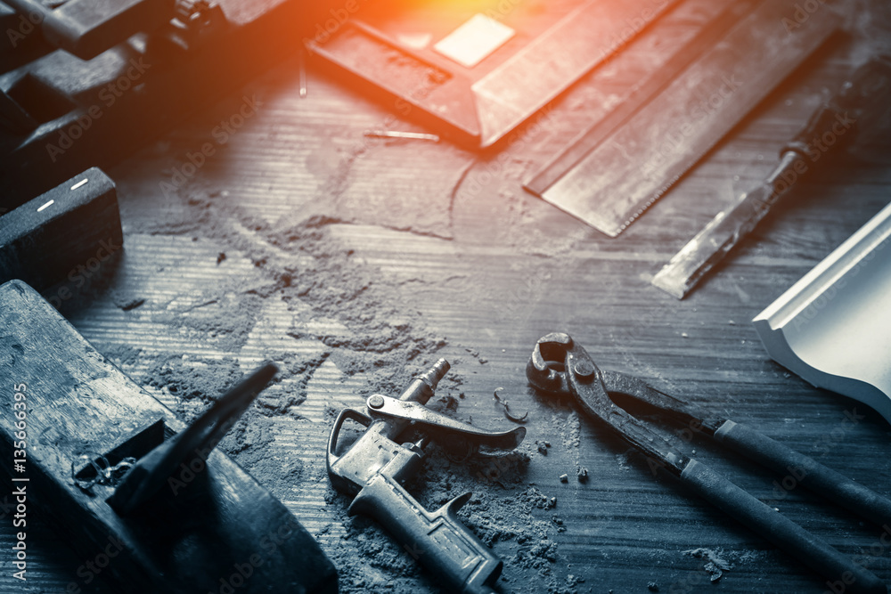 wood workshop with handcraft tools and raw wood on construction Stock