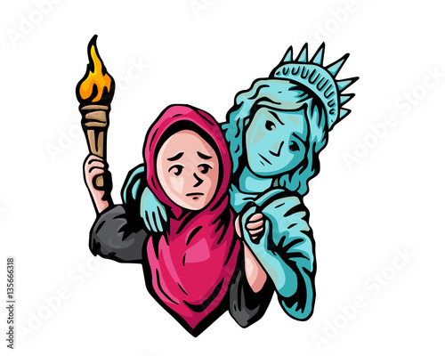 United States Of America Liberty Statue Protects Muslim Refugee Illustration For Muslim Ban Humanity Protest 