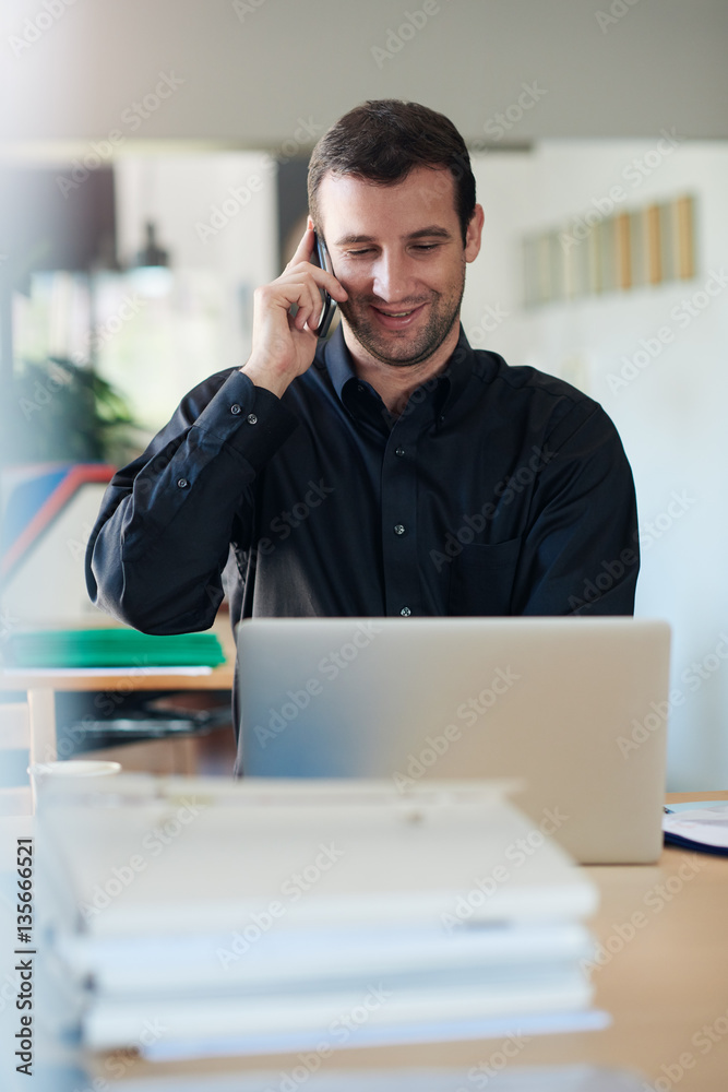 Smiling businessman using a laptop and talking on the phone