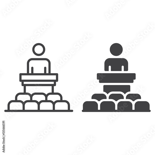 Speaker, conference line and solid icon, outline and filled vector sign, linear and full pictogram isolated on white. Podium symbol, logo illustration
