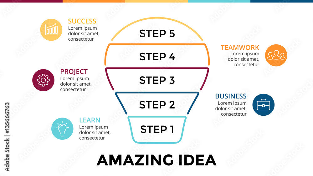 Naklejka premium Vector light bulb linear infographic. Template for circle diagram, graph, presentation and round chart. Business startup idea lamp with 5 options, parts, steps, processes. Successful brainstorming.