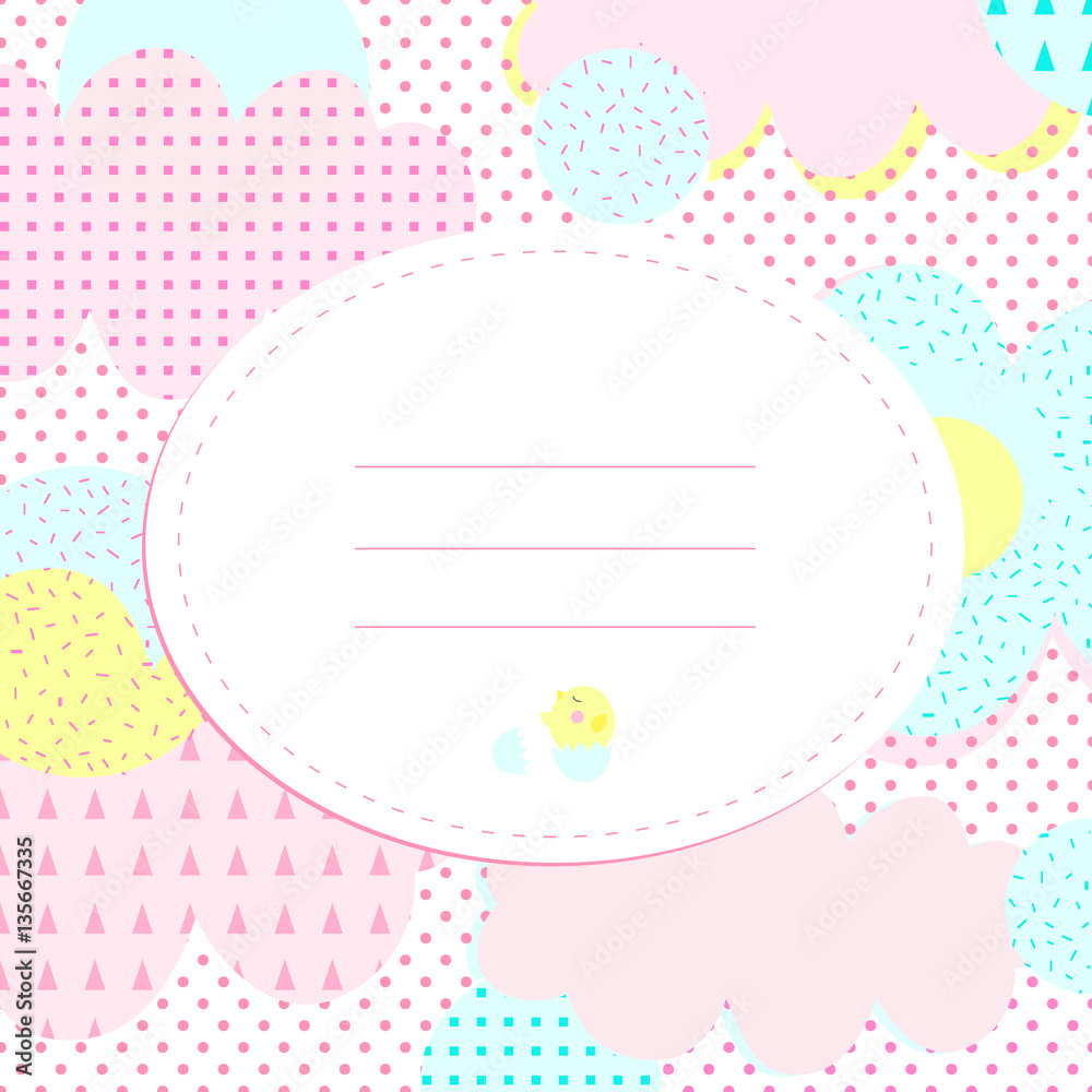 Stylish greeting card with polka dots and cloudlets. Place for your text. Cute newborn cartoon chick. In collage style. Unusually and nice for baby shower and birthday. Pastel colors. Stylish greeting card with polka dots and cloudlets. Place for your text. Cute newborn cartoon chick. In collage style. Unusually and nice for baby shower and birthday. Pastel colors.