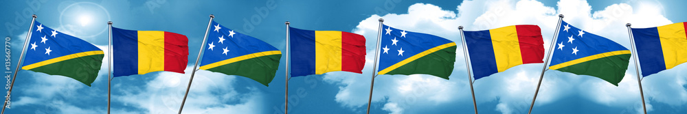 Solomon islands flag with Romania flag, 3D rendering Solomon islands flag with Romania flag, 3D rendering