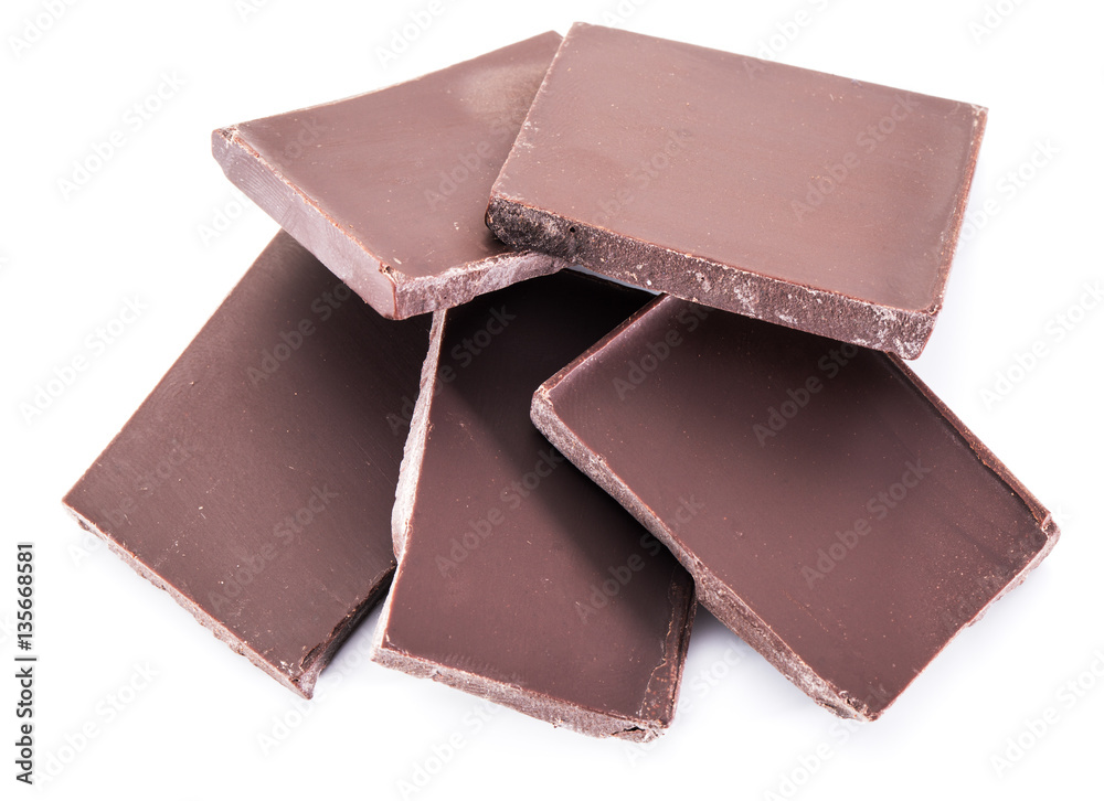 Pieces of chocolate bar isolated on a white background. Pieces of chocolate bar isolated on a white background.