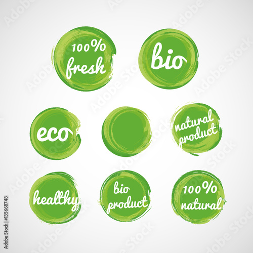 Set of green grunge bubbles, stickers, labels, tags with text. 100% fresh, 100% natural, bio, eco, natural product, healthy