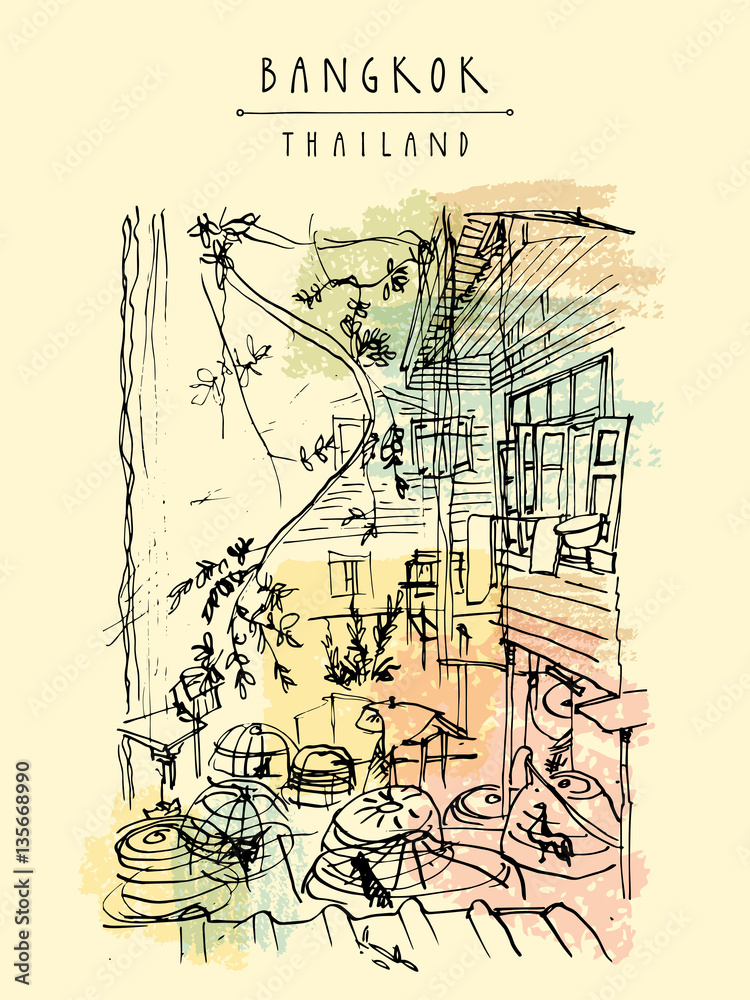 Chicken cages in a backyard in old Bangkok, Thailand. Vertical vintage touristic handdrawn postcard, poster or book illustration