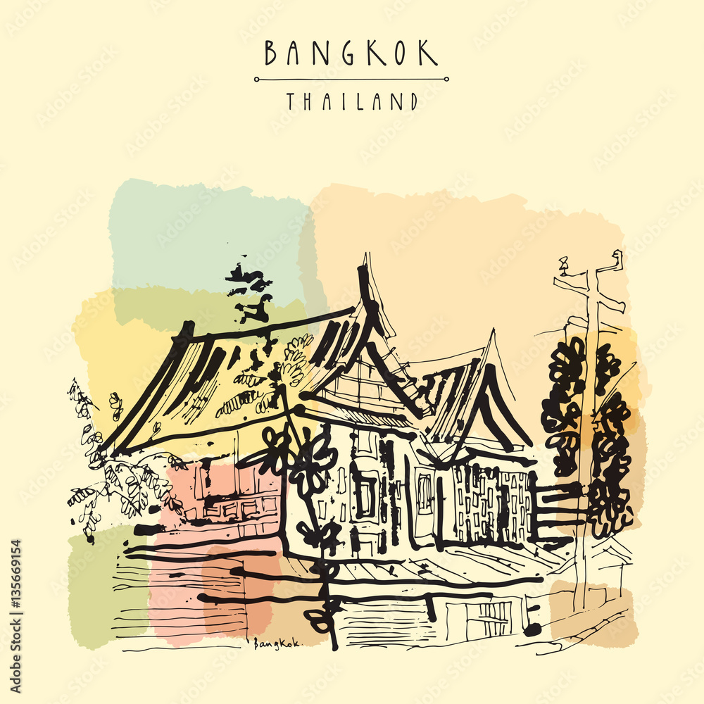 Old traditional houses in Bangkok, Thailand, Asia. Vintage handdrawn postcard