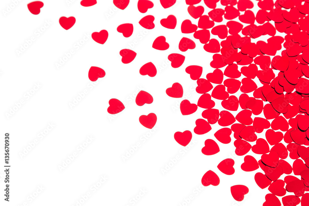  Valentine's day  decorative border of red hearts confetti isolated on white background. Festive valentine backdrop.