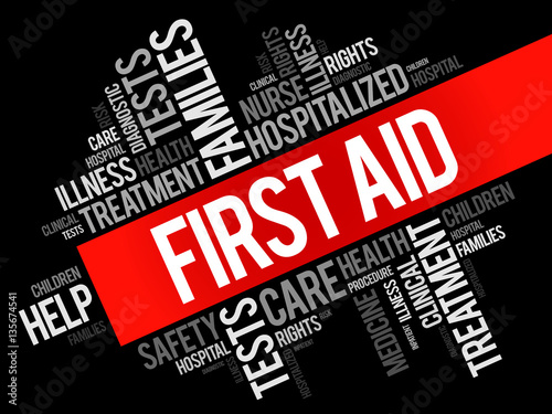 First aid word cloud collage, health concept background