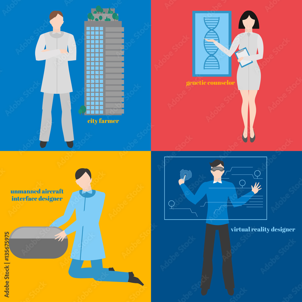 Future professions set. Futuristic occupation. Man with VR headset. Designer Virtual reality. City farmer. Genetic counselor. Unmanned aircraft interface designer.