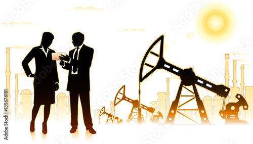 Businessman with business woman on background of oil factory