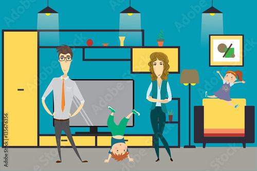 Cute cartoon family - mom  dad daughter and son in home interior