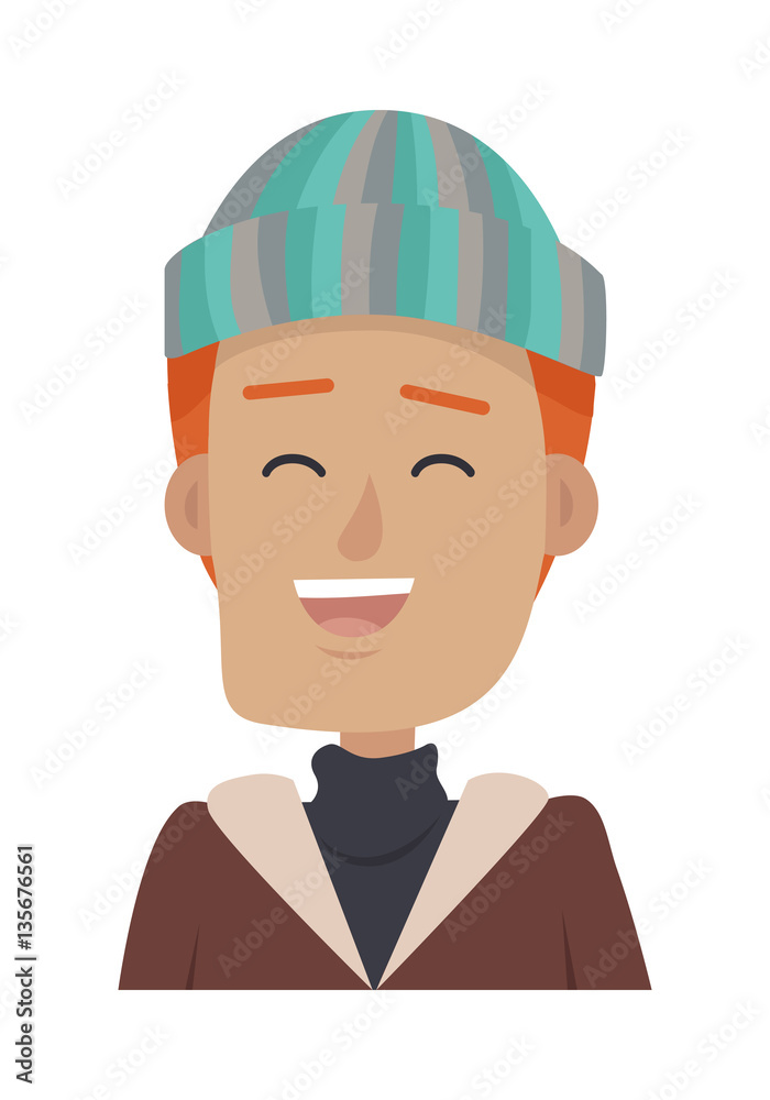 Hat. Smiling Man in Colourful Headwear. Red Hair Hat. Smiling Man in Colourful Headwear. Red Hair