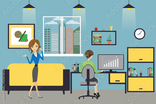 Cartoon business woman  working at home or modern offic © naum