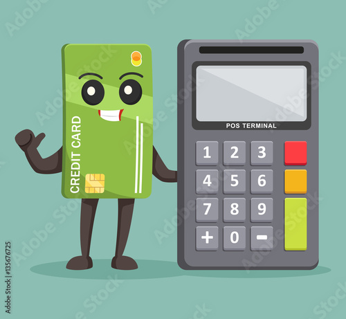 credit card character with pos terminal