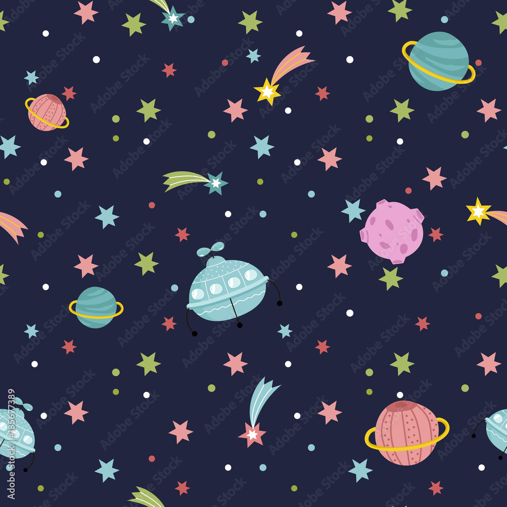 Deep space cartoon seamless pattern. Aliens spaceship, colorful stars, shining comets, moon, Saturn planet vector on blue background. For wrapper, greeting cards, invitations, kids books illustrating