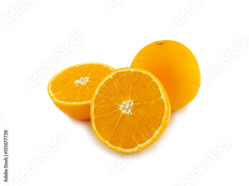 Fresh orange cutting half isolated