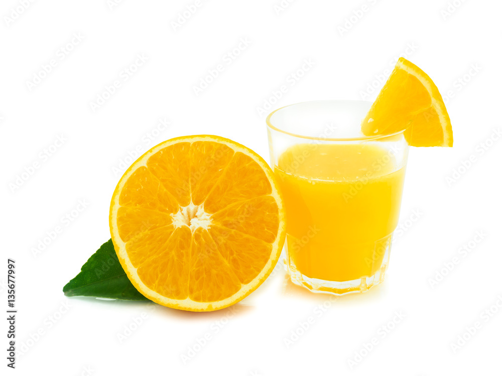 Freah orange juice in glass and fruit orange slice isolated Freah orange juice in glass and fruit orange slice isolated