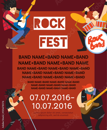 Rock fest banner with music group. Music party invitation. Concept of artistic people vector illustration. Singer, guitarist, drummer and bassist characters performs. Rock star. Festival poster.