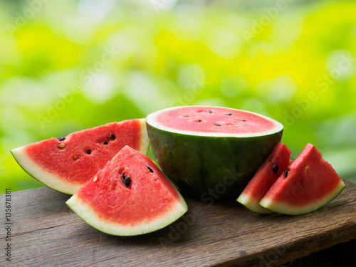 Fresh watermelon fruit on wooden table