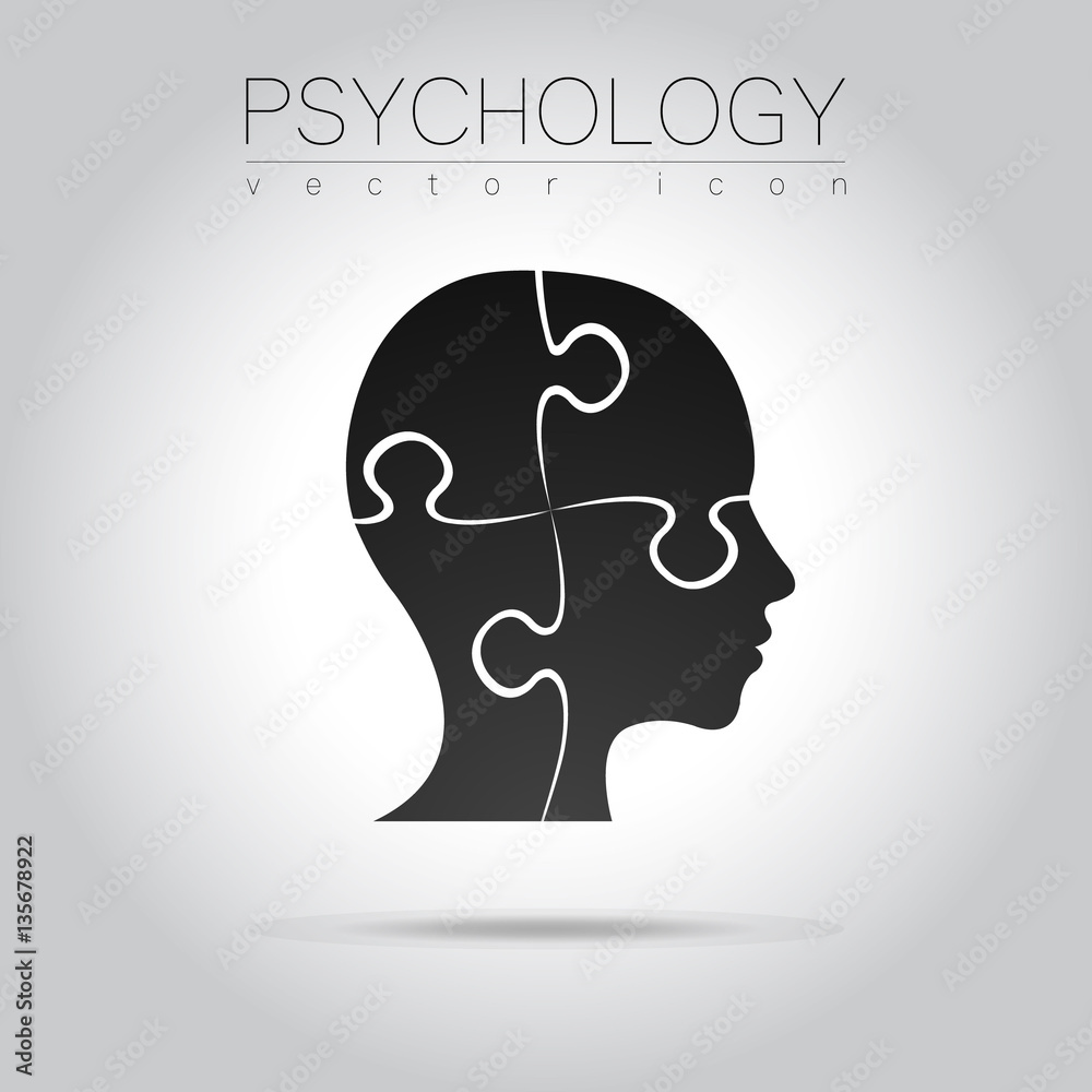 Modern head puzzle logo of Psychology. Profile Human. Creative style. Logotype in vector. Design concept. Brand company. Black color isolated on white background. Symbol for web, print, card, flyer.