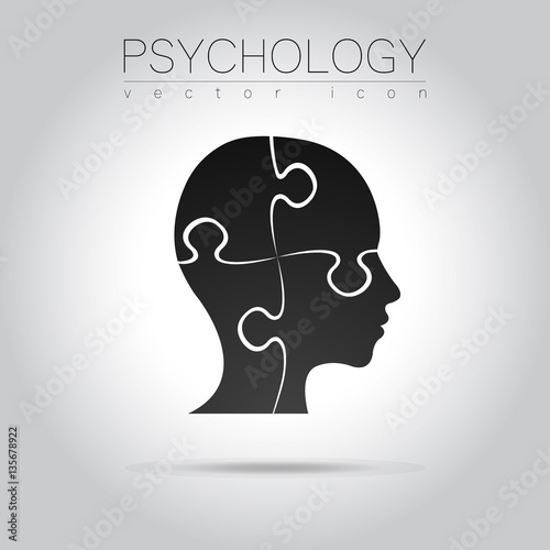 Modern head puzzle logo of Psychology. Profile Human. Creative style. Logotype in vector. Design concept. Brand company. Black color isolated on white background. Symbol for web, print, card, flyer.